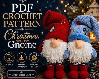 May include: Two handmade Christmas gnomes with long white beards, red and blue hats, and red boots. The image includes text that reads "PDF CROCHET PATTERN Christmas Gnome". The gnomes are on a wooden surface with Christmas decorations.