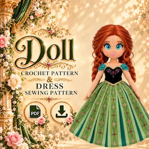 May include: A crochet doll with long wavy auburn hair and large blue eyes, wearing a black bodice and a green skirt with a floral pattern. The text reads Doll CROCHET PATTERN & DRESS SEWING PATTERN with PDF and download icons visible.