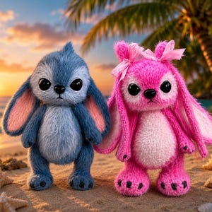 Puede incluir: Dos peluches de pie sobre la arena. Uno es una criatura azul con orejas grandes y ojos negros. El otro es una criatura rosa con orejas grandes, ojos negros y lazos rosas atados en la parte superior de la cabeza.