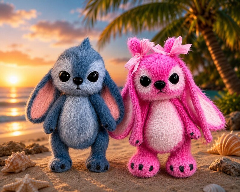 Puede incluir: Dos peluches de pie sobre la arena. Uno es una criatura azul con orejas grandes y ojos negros. El otro es una criatura rosa con orejas grandes, ojos negros y lazos rosas atados en la parte superior de la cabeza.