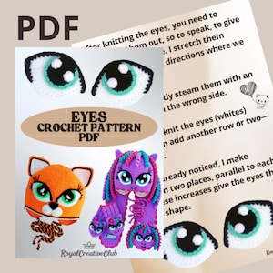 May include: A PDF crochet pattern featuring various eye designs. The image showcases crocheted eyes, a fox head, and a purple pony-like character with matching gloves. Text includes "EYES CROCHET PATTERN PDF" and "Royal Creative Club".