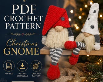 May include: A crochet pattern for Christmas gnomes. The image shows two handmade gnomes with long white beards, red and white hats, and red boots. The text on the image says "PDF Crochet Pattern Christmas Gnome".