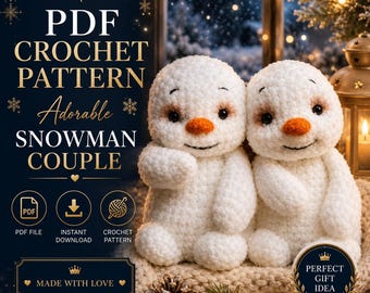May include: Two adorable, handmade white crochet snowmen with orange noses and smiling faces. The image includes text that reads "PDF Crochet Pattern" and "Adorable Snowman Couple." A "Perfect Gift Idea" seal is also visible.