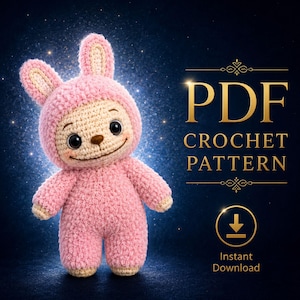 May include: A pink crochet bunny doll with a smiling face and large black eyes. The doll is wearing a bunny suit with long ears. The image includes the text "PDF CROCHET PATTERN" and "Instant Download".