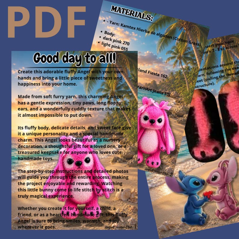 Puede incluir: Un documento PDF digital que presenta un patr&oacute;n de ganchillo para una criatura rosa, esponjosa y de orejas largas. La p&aacute;gina incluye el texto 'Good day to all!', listas de materiales e instrucciones paso a paso con im&aacute;genes del juguete.