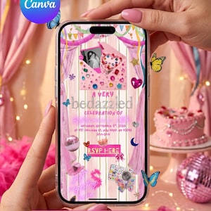 Puede incluir: Una invitación digital en la pantalla de un teléfono inteligente con fondo de rayas rosas, un sobre decorado con joyas y una foto, y el texto A VERY bedazzled CELEBRATION OF Katherine's 16th SATURDAY, SEPTEMBER 5TH, 2026 AT 937 SULLIVAN ST, NEW YORK, NY 10012 5PM-8PM RSVP HERE.