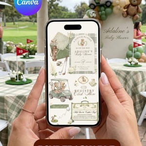 May include: A smartphone screen displaying a digital baby shower invitation with a golf theme. The design features sage green plaid patterns, illustrations of teddy bears in a golf cart, golf clubs, and text reading A Little Putter Is On The Way.