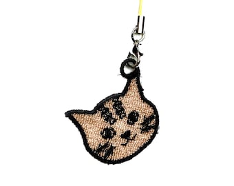 Embroidered Cat Charm: Brown, Handmade Phone Accessory
