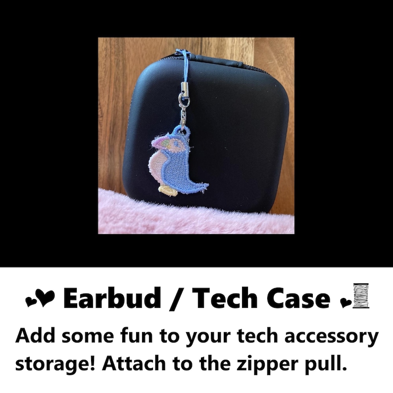 Earbud or technology case charm. Add some fun to your tech accessory storage! Attach to the zipper pull. Embroidered pastel puffin bird penguin.