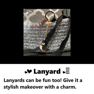 Lanyard charm. Lanyards can be fun too! Give it a stylish makeover with a charm. Handmade cute lanyard charm tag id badge charm strap embroidered puffin bird kawaii gift embroidery bird design #embroidery #embroidered #charm #accessories #charms #puffin #lanyard #gifts #handmade