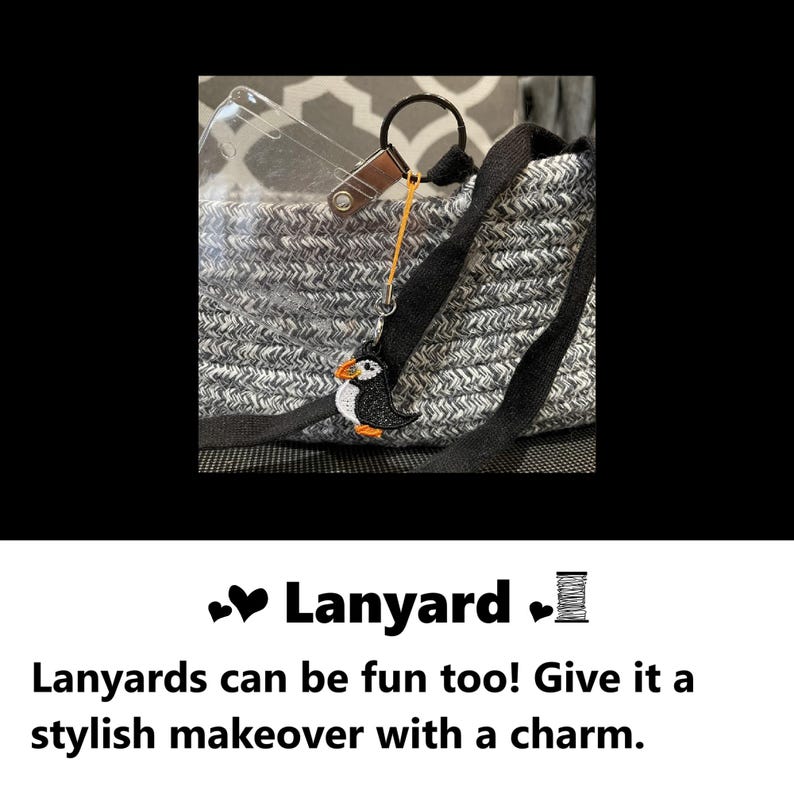 Lanyard charm. Lanyards can be fun too! Give it a stylish makeover with a charm. Handmade cute lanyard charm tag id badge charm strap embroidered puffin bird kawaii gift embroidery bird design #embroidery #embroidered #charm #accessories #charms #puffin #lanyard #gifts #handmade
