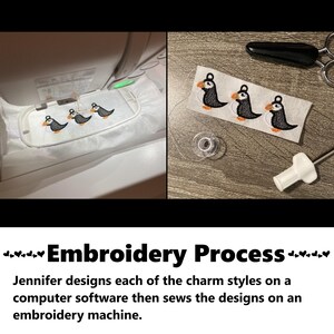 Embroidery Process. Jennifer designs each of the charm styles on a computer software then sews the designs on an embroidery machine. #embroidery