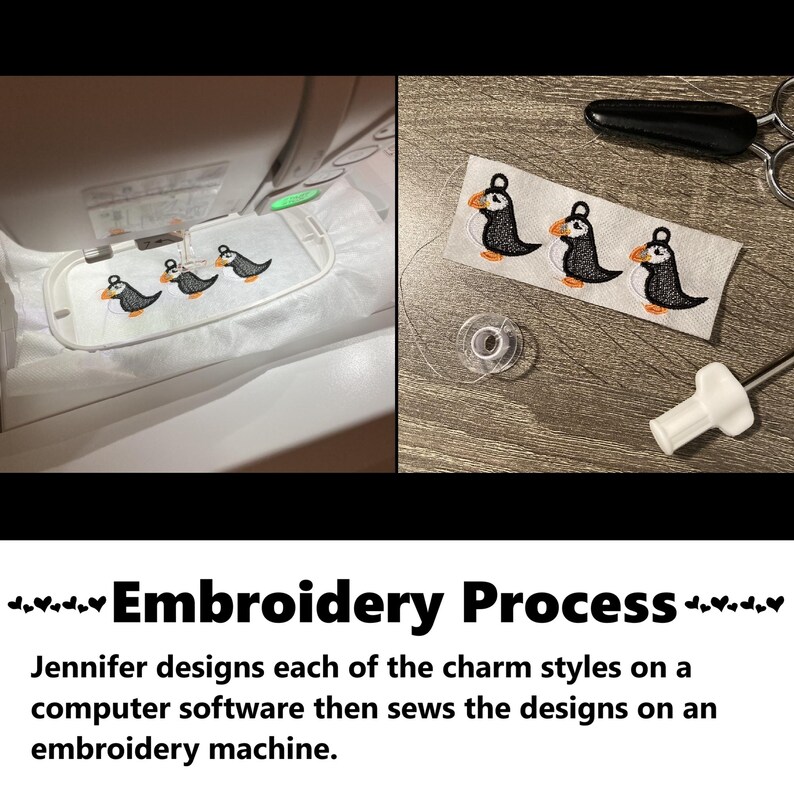 Embroidery Process. Jennifer designs each of the charm styles on a computer software then sews the designs on an embroidery machine. #embroidery