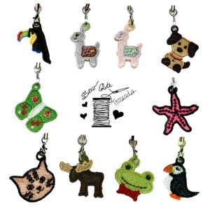 Handmade cute embroidery charms group photo colorful phone charm designs puffin bird llama alpaca toucan dog starfish moose gift butterfly present cat kitten birds frog trendy gift camp nature embroidered girlfriend best friend woman campground