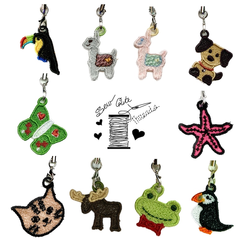 Handmade cute embroidery charms group photo colorful phone charm designs puffin bird llama alpaca toucan dog starfish moose gift butterfly present cat kitten birds frog trendy gift camp nature embroidered girlfriend best friend woman campground