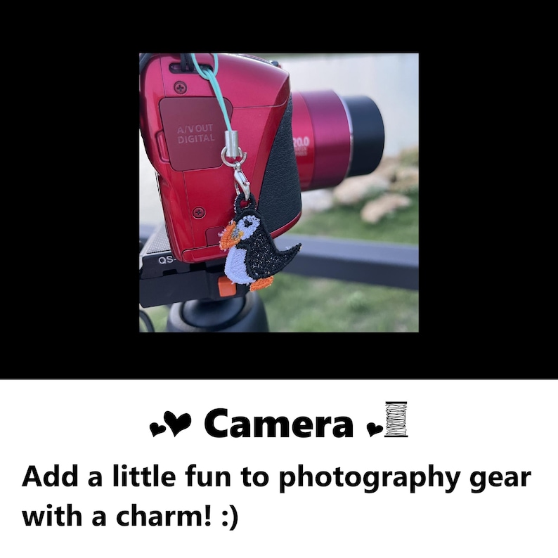 Camera charm. Add a little fun to photography gear with a charm! Handmade cute embroidery camera charm, embroidered cute puffin bird design charm adds a touch of cuteness. Unique charm to decorate fashion accessories #embroidery #embroidered #charm #accessories #charms #puffin #birds #camera #gifts #handmade