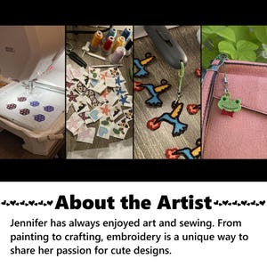 About the artist photo. Jennifer has always enjoyed art and sewing. From painting to crafting, embroidery is a unique way to share her passion for cute designs.