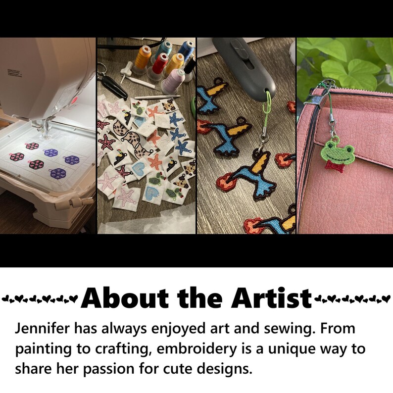 About the artist photo. Jennifer has always enjoyed art and sewing. From painting to crafting, embroidery is a unique way to share her passion for cute designs.