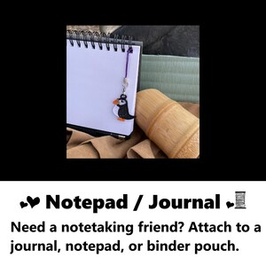 Notepad or journal charm. Need a notetaking friend? Attach to a journal, notepad, or binder pouch. Handmade cute journal charm notepad charm planner charm, embroidered cute bird puffin for bird watchers.
