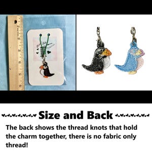 Size and Back. The back shows the thread knots that hold the charm together, there is no fabric only thread! Photo showing the charm size in inches next to a ruler, embroidered puffin. Unique charm to decorate fashion accessories #embroidery #embroidered #charm #accessories #charms #puffin #christmas #gifts #handmade