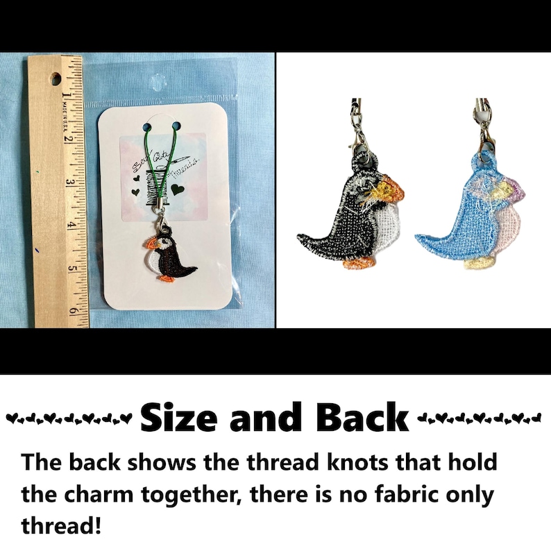 Size and Back. The back shows the thread knots that hold the charm together, there is no fabric only thread! Photo showing the charm size in inches next to a ruler, embroidered puffin. Unique charm to decorate fashion accessories #embroidery #embroidered #charm #accessories #charms #puffin #christmas #gifts #handmade
