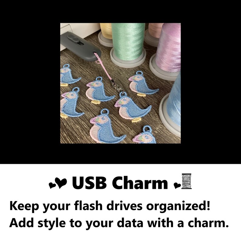 USB charm. Keep your flash drives organized! Add style to your data with a charm. Puffin bird watcher lover charm attached to an embroidery machine USB flash drive next to sewing supplies, thread. #USB #charms #puffin #gifts #handmade