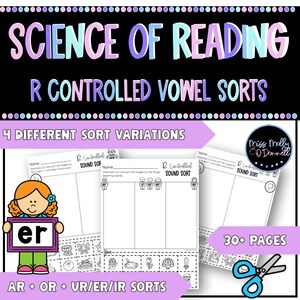 May include: Black and white printable worksheets for teaching the science of reading. The worksheets feature a cartoon girl holding a card with the letters "er" on it. The worksheets are titled "R Controlled Vowel Sorts" and include 4 different sort variations. The worksheets are designed to help students learn to read and spell words with the "er" sound. There are 30+ pages in this set.