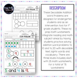 Decodable Kindergarten Addition Word Problems to 10 and to 20, CVC CVCE ...