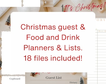 May include: Printable Christmas guest and food and drink planner and list templates. The image shows a sample guest list with columns for guest name, arrival time, departure time, and dietary requirements. The text "It's Christmas!" is repeated throughout the image.