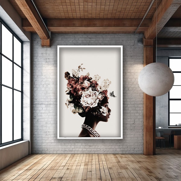 Flower Head Black Woman Canvas, Woman with Flower Head Wall Art, African Woman Canvas Print, Flower Wall Art Poster, Woman Canvas Art