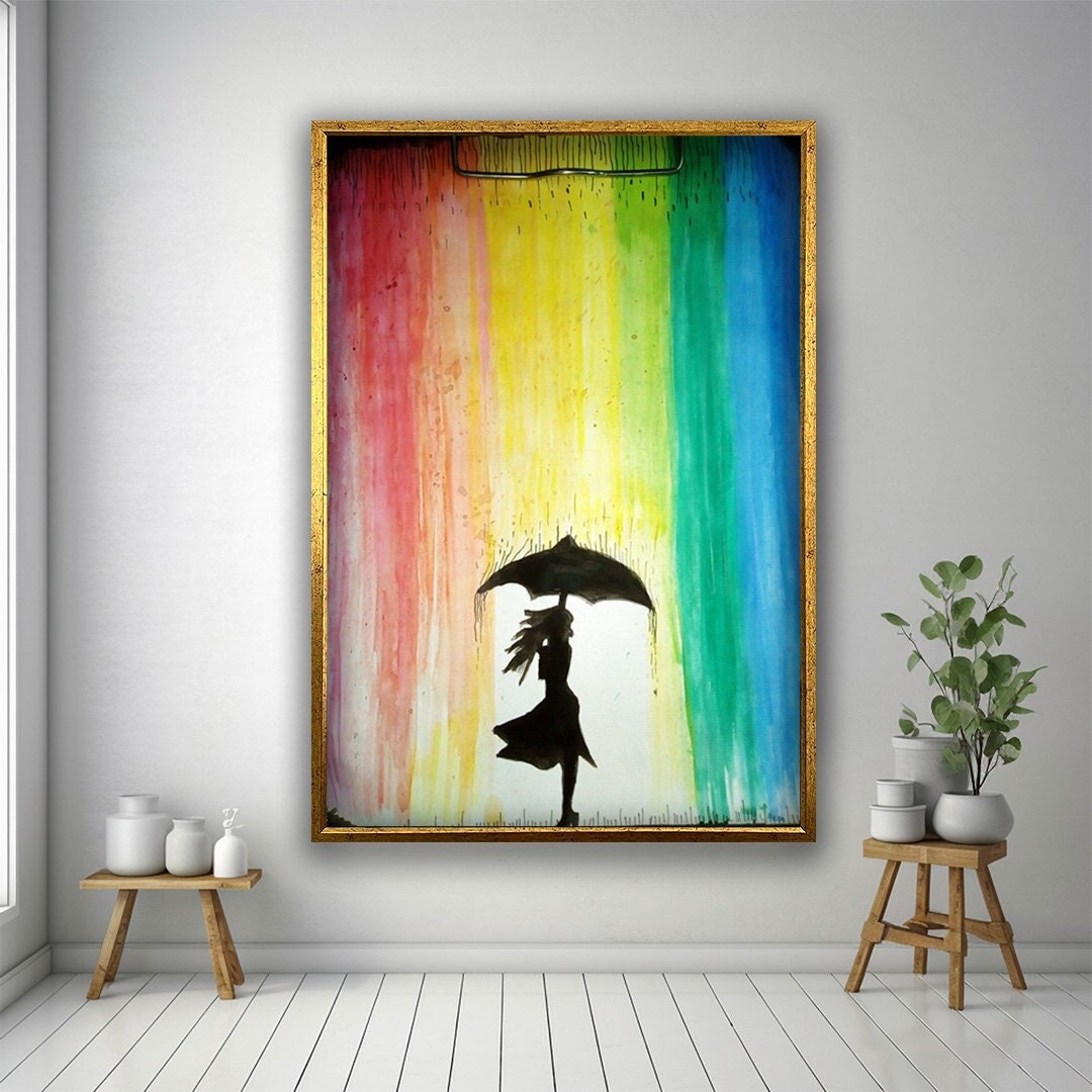 Colorful Rain Canvas Art, Rainbow Rain Wall Art, Colorful Canvas Print ...