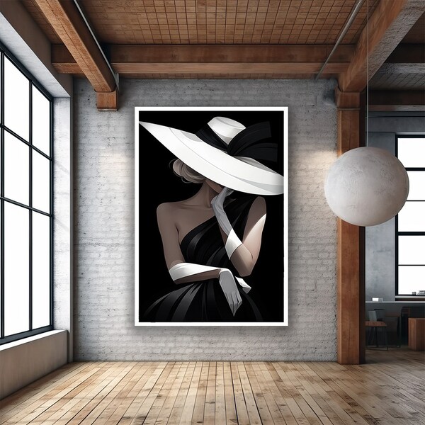 Woman with White Hat Canvas Art, Noble Woman Canvas Wall Art, Woman in Hat Canvas Painting, Black and White Woman Painting, Woman Wall Art