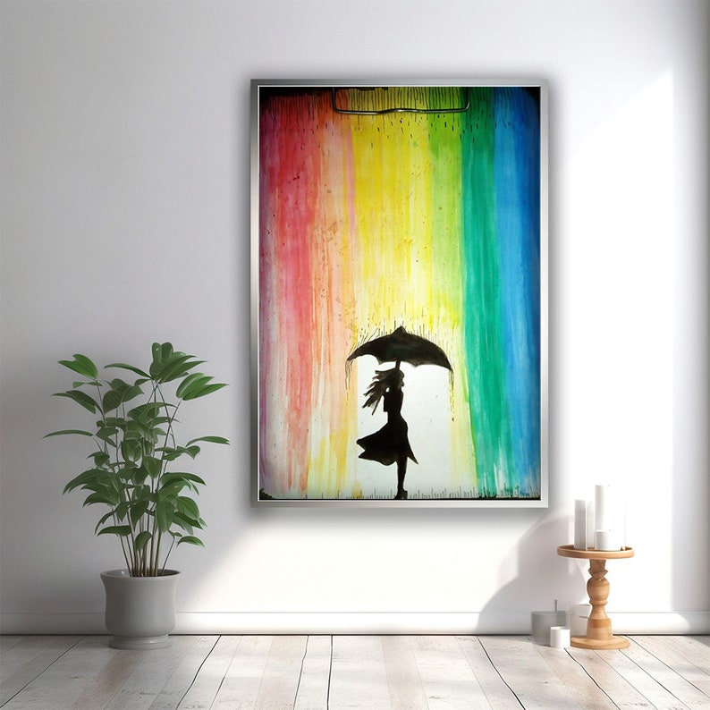 Colorful Rain Canvas Art, Rainbow Rain Wall Art, Colorful Canvas Print, Under the Rain Art, Rain