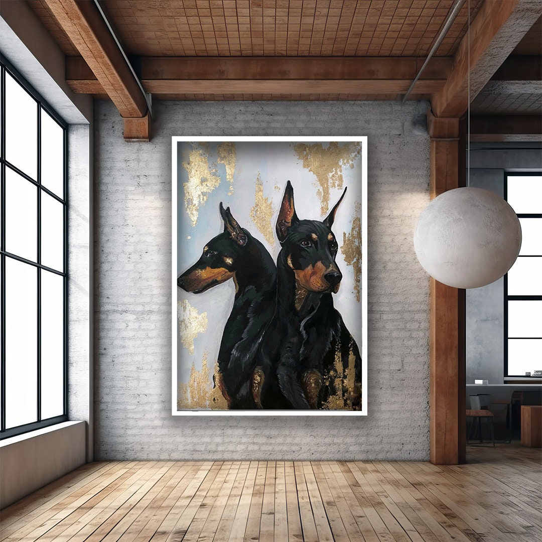 Couple Doberman Canvas Wall Art, Noble Doberman Canvas Print Art, Black
