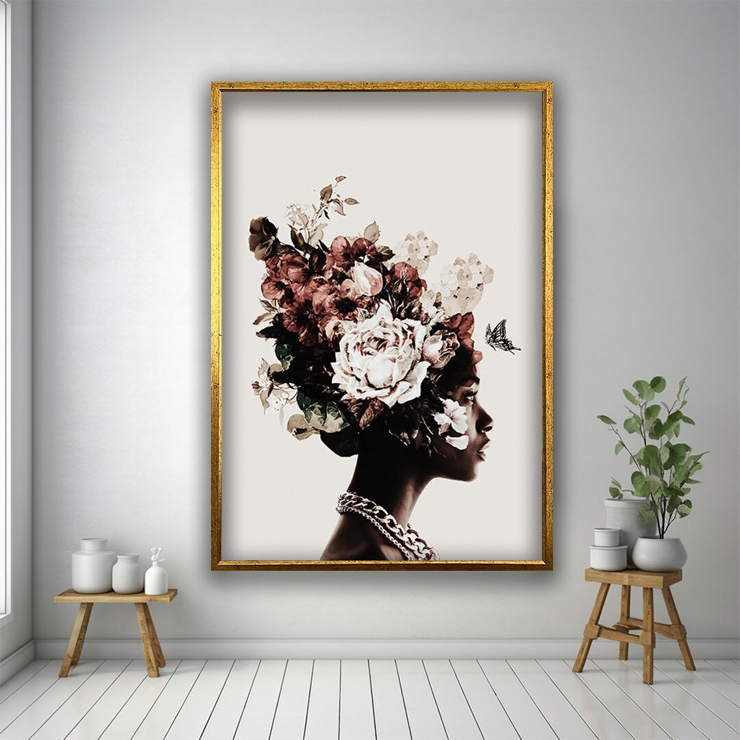 Flower Head Black Woman Canvas, Woman With Flower Head Wall Art