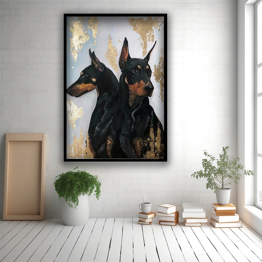 Couple Doberman Canvas Wall Art, Noble Doberman Canvas Print Art, Black