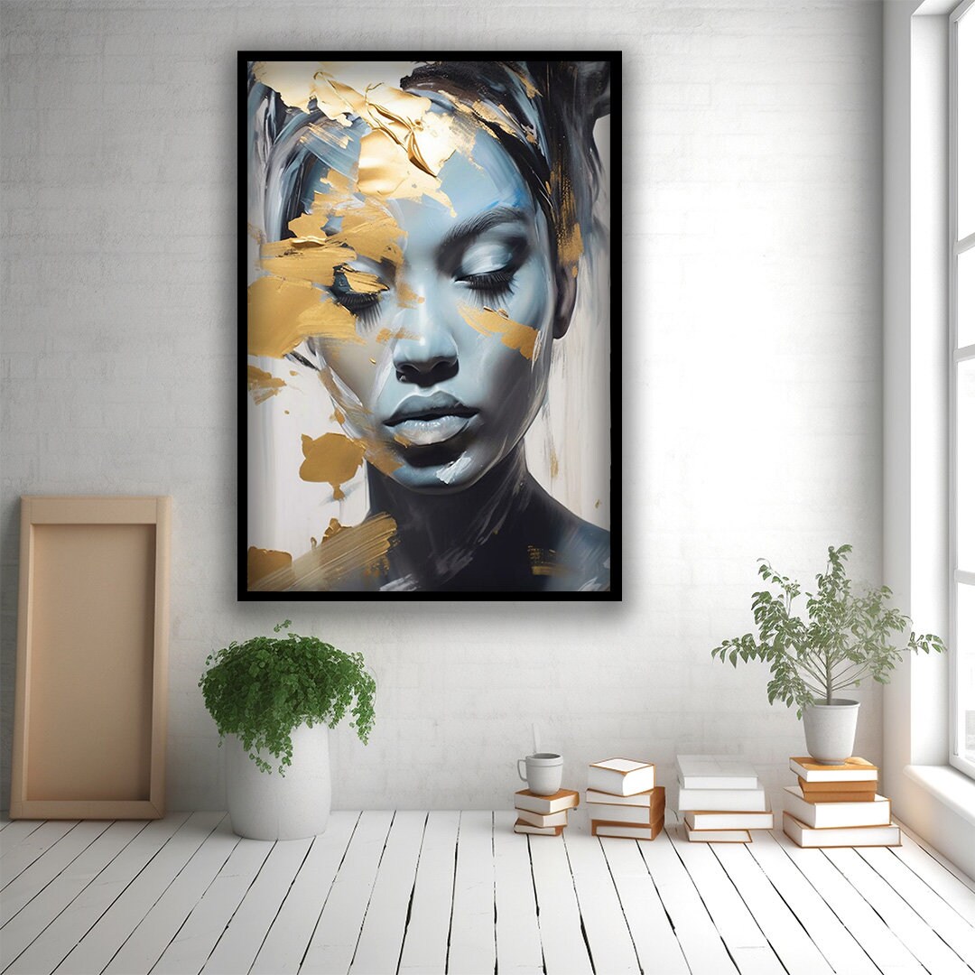Black and Gold Woman Art, Black and Gold Abstract Art, Black Woman