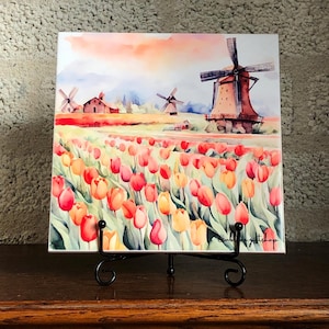 Ceramic tile “Tulips and mills”  watercolor | Tulpen and windmolen aquarel