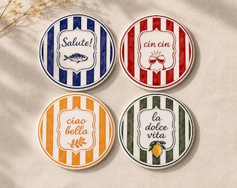 La Dolce Vita - Set of 4 Ceramic Coasters | Mediterranean Coasters | Aperitivo Drink Decor |  Italian decor