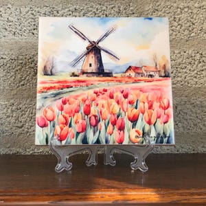 Ceramic tile “tulips and windmill” Keramic tegel “Tulpen and windmolen “