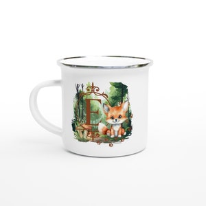 Taza blanca de esmalte de 12 oz, pequeño zorro, taza con letra E, taza de jardín de infantes