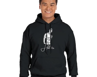 May include: Black hooded sweatshirt with a white graphic of a muscular figure and the word "athlete" in cursive.