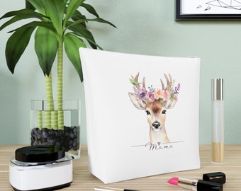 Cotton Cosmetic Bag, Cosmetic Bag, Bag for Cosmetics, Bag for Pens, Deer Flowers Mama, Deer with Flowers, Gift Mother
