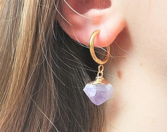 Gold Hoops Amethyst Earrings Boho Raw Crystal Small Huggie Hoop Dainty Dangle Drop February Birthstone Earrings