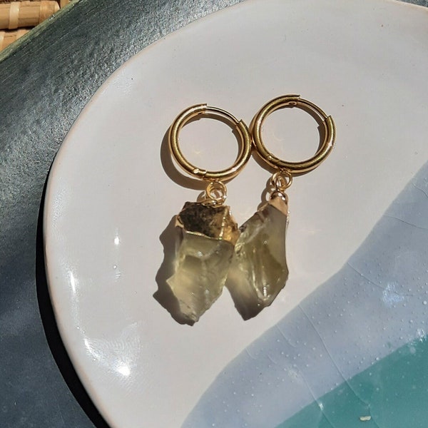 Boho Tiny Gold Hoops Raw Citrine Crystal Dainty Dangle Drop Earrings, Huggie Hoop Birthstone Gemstone Natural Citrine Earrings