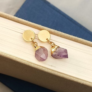 Raw Amethyst Dainty Stud Crystal Earrings Tiny Drop Minimalist Boho Gold Circle Dot Studs Birthstone Jewelry
