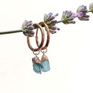 Boho Tiny Gold Hoops Raw Aquamarine Crystal Dainty Dangle Drop Earrings Huggie Hoop March Birthstone Gemstone Natural Blue Aquamarine
