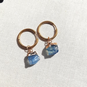 Dainty Aquamarine Crystal Hoop Earrings Gold Huggie Hoops Raw Aquamarine Drop Earrings March Birthstone Gemstone