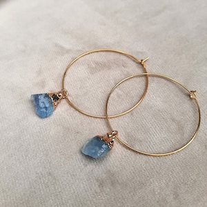 Gold Hoops Raw Crystal Dainty Dangle Drop Boho Earrings Huggie Hoop Birthstone Natural Gemstone Select your Crystal Large and Small Hoops