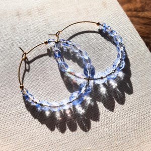 Blue Beaded Hoop Earrings Elegant Glass Prism Dainty Gold/Silver Summer Hoops Sun Light Catcher Swarovski Crystal Jewelry Gift for Her